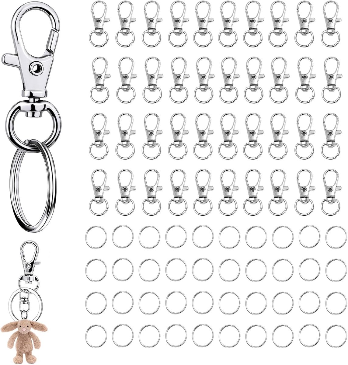 Draaibare sleutelhanger, snaphaak met sleutelhanger, 200 kleine karabijnhaken, multifunctionele ringen, 100 sleutelhangers en 100 draaibare karabijnhaken, haken voor modesieraden, koord