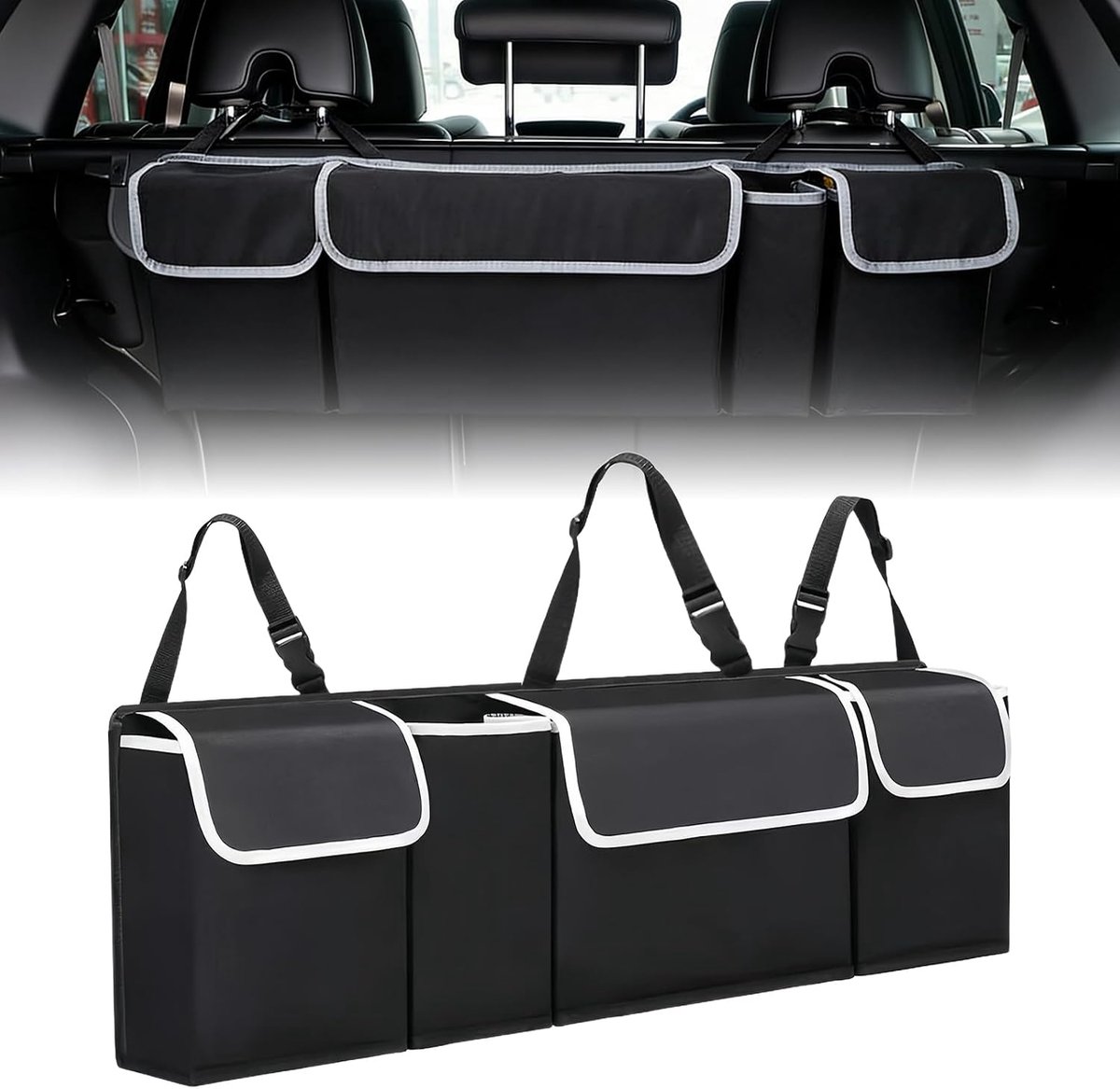 Opvouwbare opbergtas met 4 vakken, waterdichte achterbank, kofferbaktas auto, autotas, kofferbak met klittenband, kofferbakorganizer, achterbank voor SUV's, pick-ups en