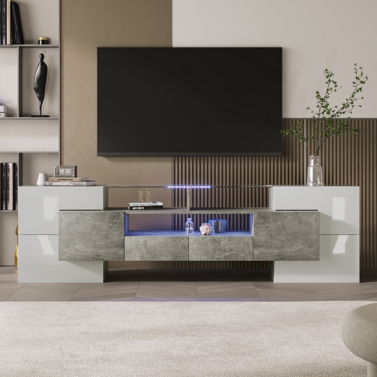 WUVRIE TV-meubel 200x35x60 cm - 6 deuren, 2 lades en LED-verlichting - Wit/grijs