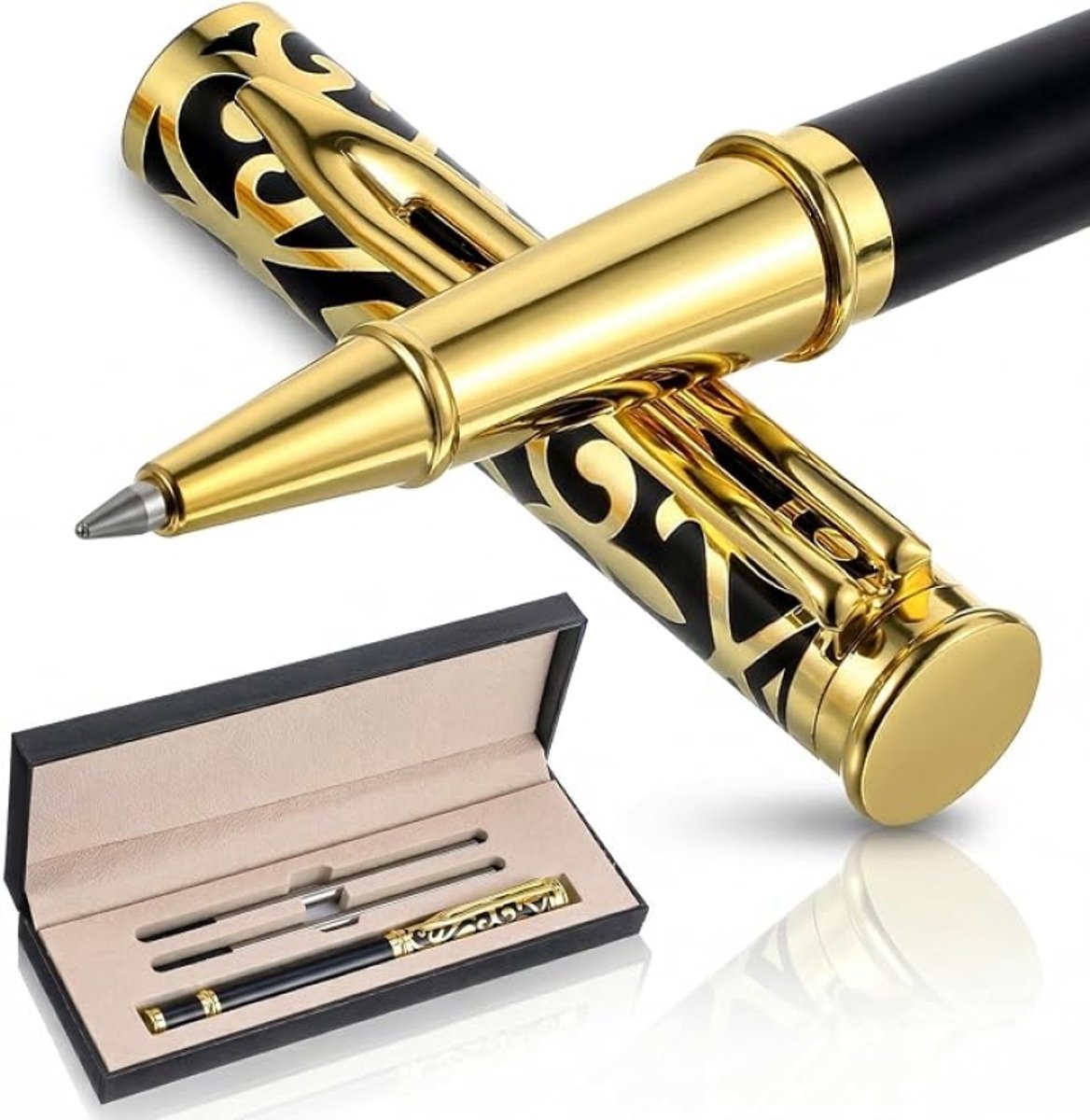 Luxe metalen balpen met goudkleurig opengewerkt patroon, 0,5 mm, inclusief 2 reservevullingen en geschenkdoos - zwart