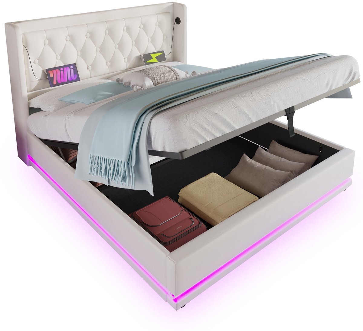 Merax Gestoffeerd Dubbel Bed 160x200 cm met 3-Zijdige LED Verlichting - USB Type-C Oplaadfunctie en Hydraulische Opbergruimte - Wit PU Materiaal (zonder matras)