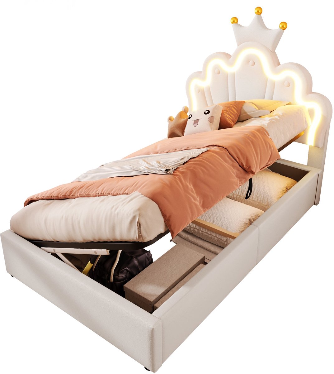 Merax Princess Polsterbed 90x200 cm - LED-verlichting - Hydraulische Opbergruimte - Verstelbaar Hoofdbord - PU Stof - Wit