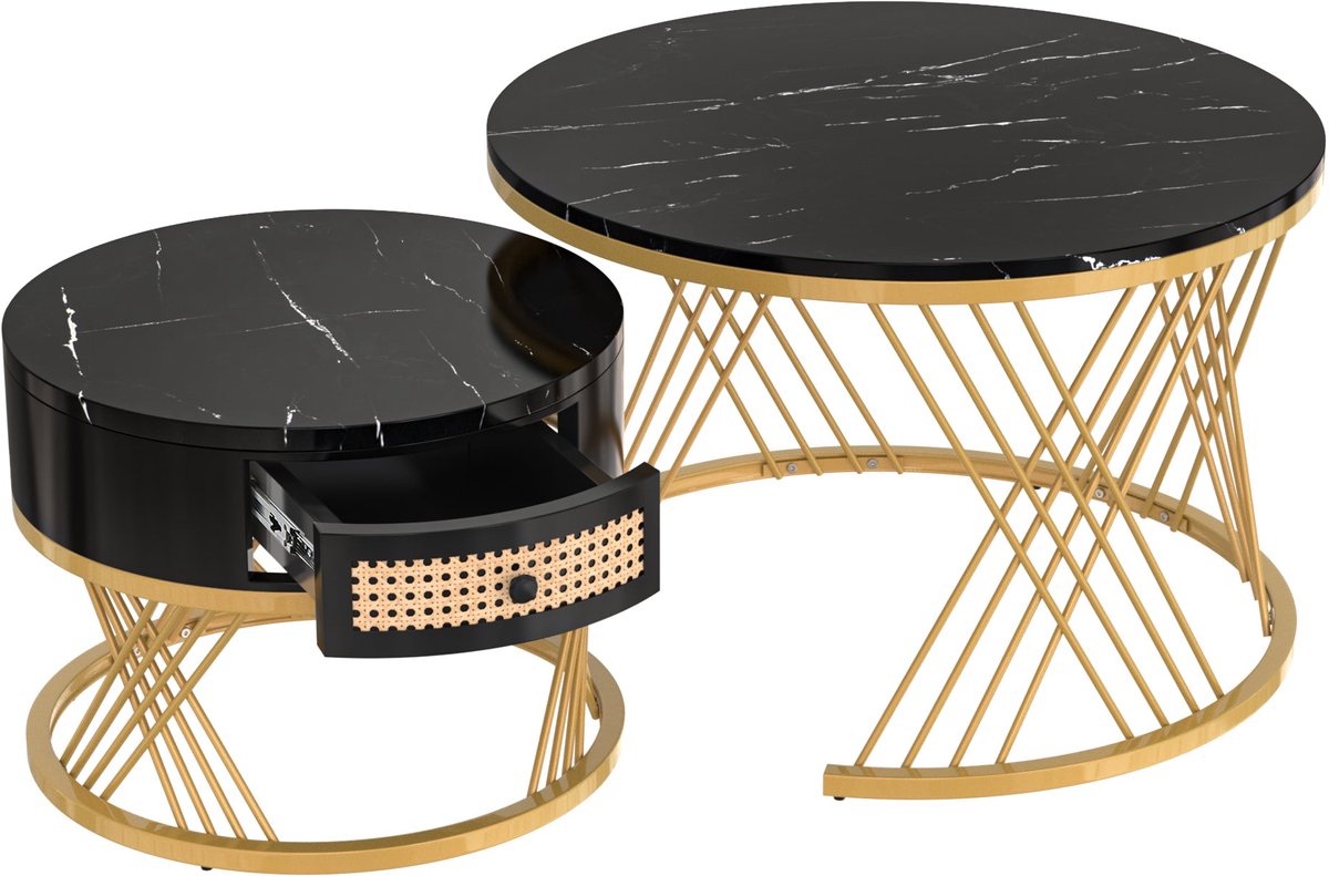 Merax 2-in-1 Ronde Salontafel Set – Zwart & Goud – MDF Tafel met Marmerlook Blad en Rotan Lade – Moderne Bijzettafels – 70x70x45,5 + 50x50x38,5 cm