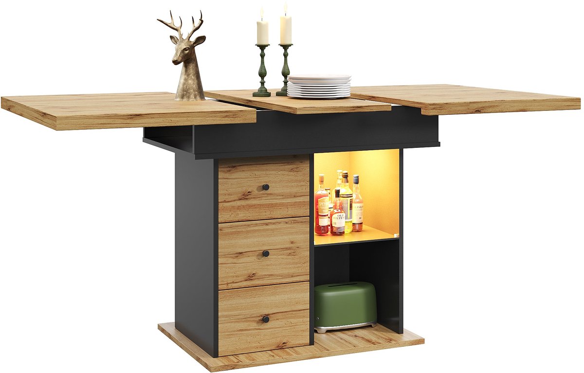 Merax Uitschuifbare Eettafel – Telescoop Klaptafel 110-140×80 cm – Keukentafel met LED-Verlichting en USB-Aansluiting – 4-6 Personen – Zwart & Naturel Natuurlijk