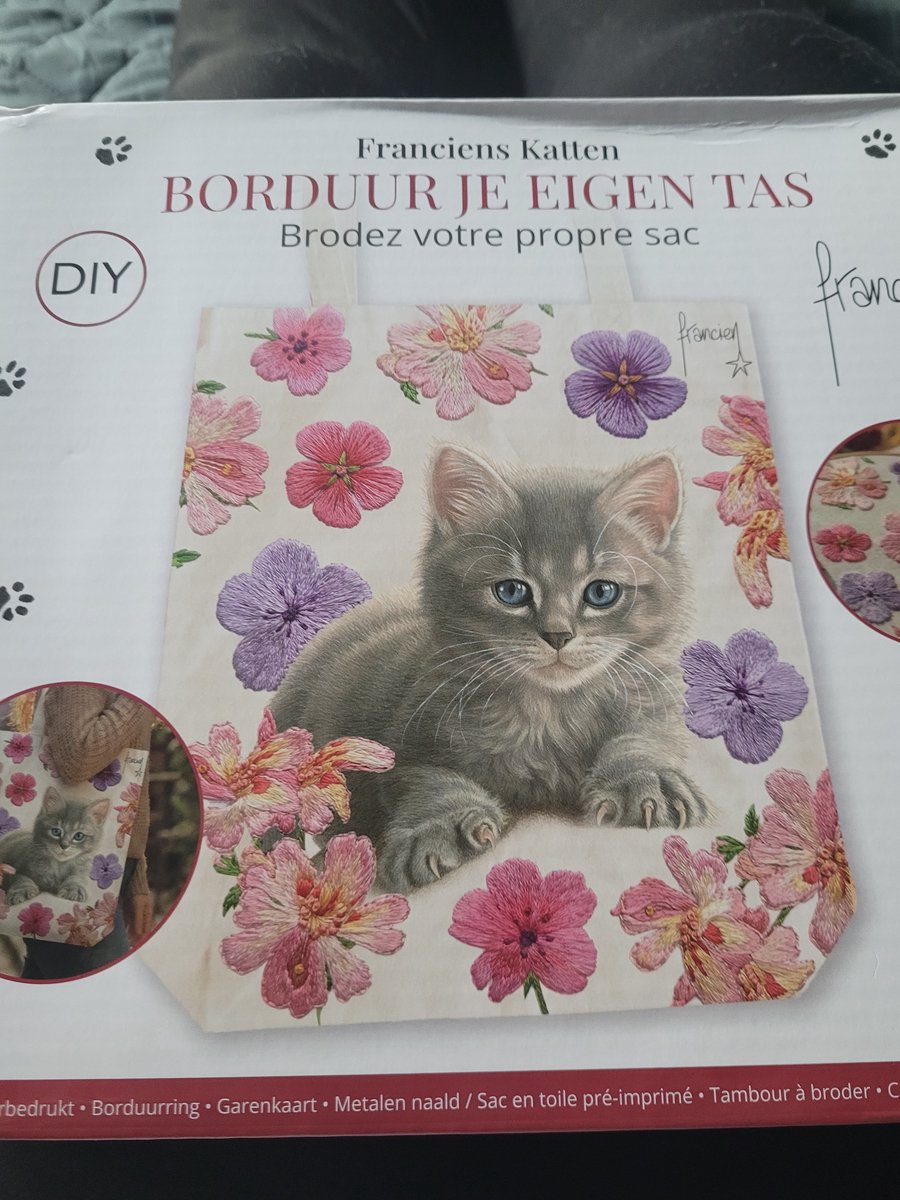 Borduur je eigen tas- Grijs Katje / Franciens katten linnen tas