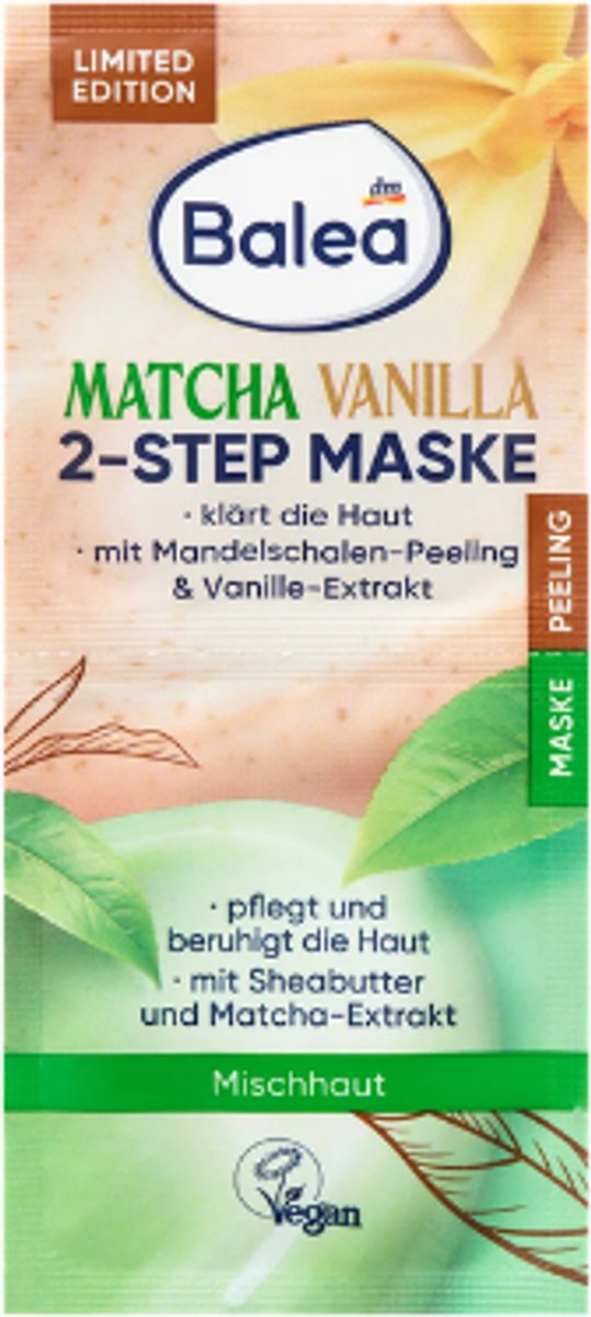 Balea 2-Step Peeling & Masker Matcha Vanilla - 2x 8 ml | Gezichtspeeling & Gezichtsmasker - Matcha & Vanille | Vegan
