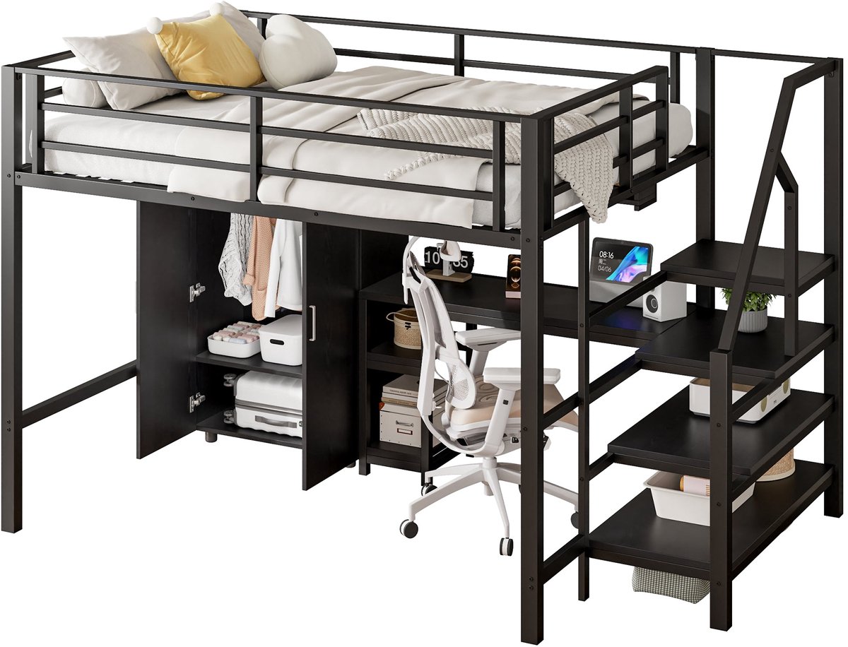 Merax Hoogslaper 140x200 cm - Met Bureau - Kast - Opbergplanken - Trap met Opbergruimte - Metalen Bedframe - Zonder Matras - Zwart