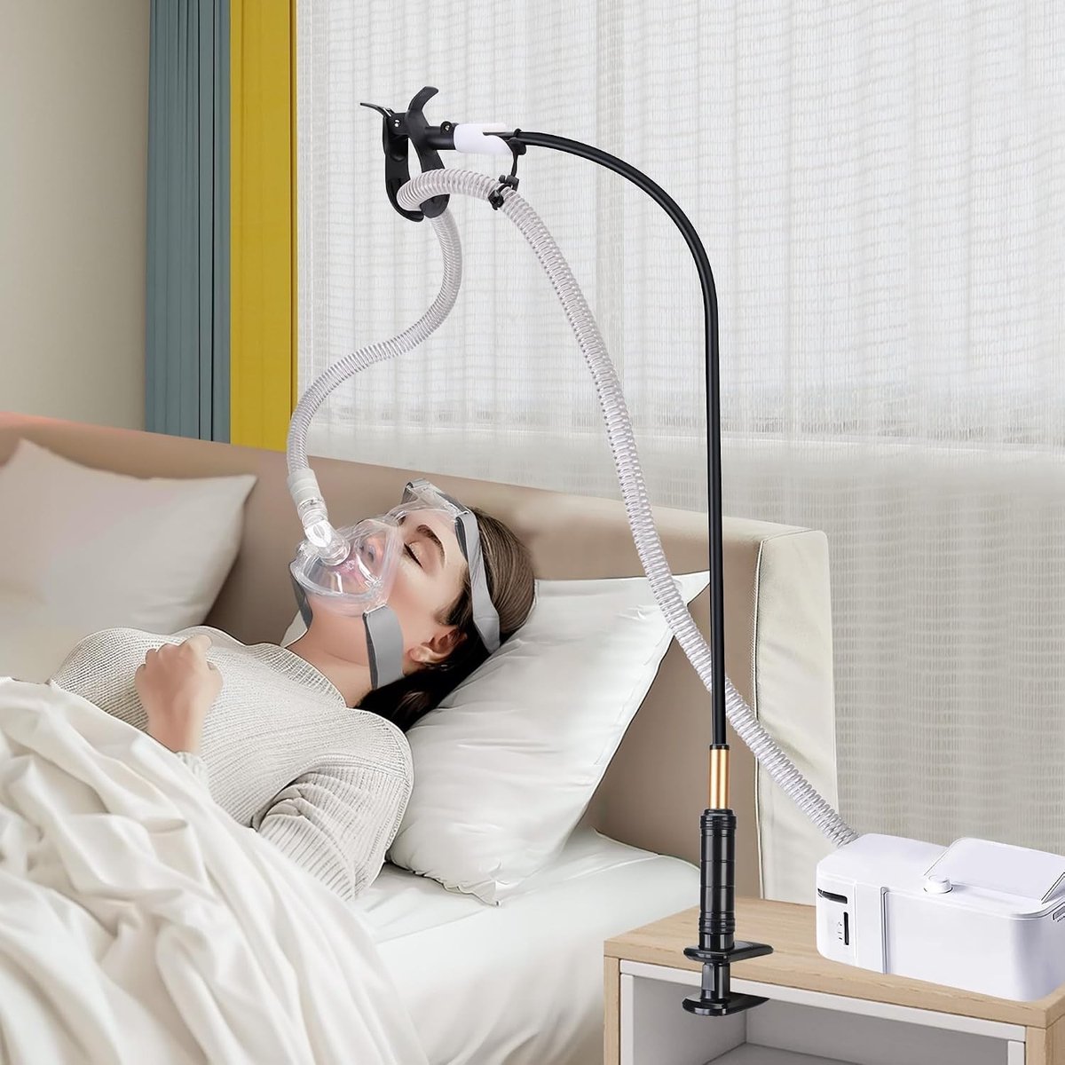 Verstelbare CPAP slanghouder met 360° draaibare arm, voorkomt verstrikking en blokkades van slangen, ideaal voor een goede nachtrust en gebruiksgemak