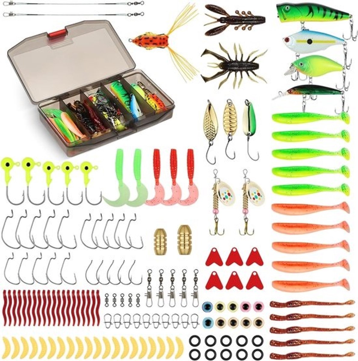 SnelShoppen - 147-delige gemengde visaasset, visserslureset met spinners, VIB, drievoudige haken, enkele haken, swivels en tacklebox, perfect voor