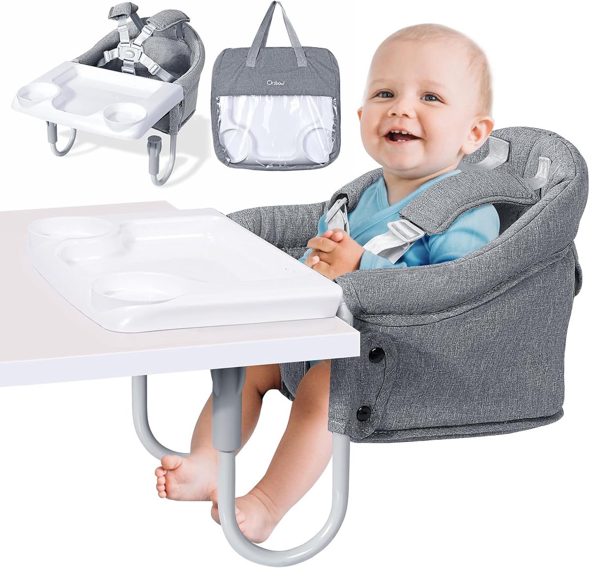 SnelShoppen - Hook On Baby Stoel met Afneembare Tray, 5-Punts Veiligheidsgordel, Draagbare Kleur Grijs, Ideaal voor Thuis, Tuin en Uitstapjes