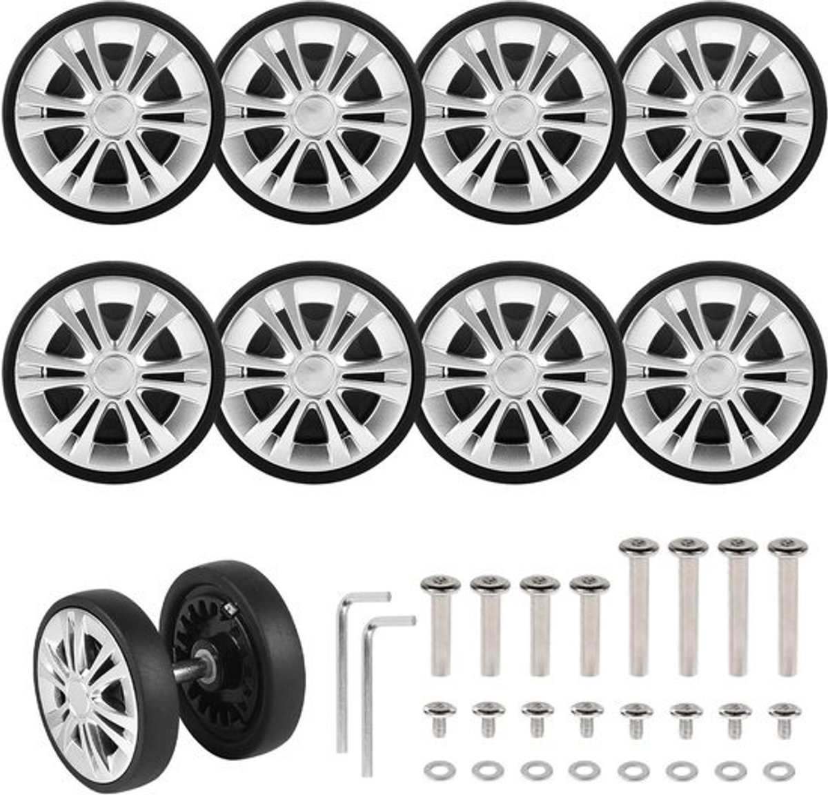 Set van 8 Vervangwielen voor Koffers - 55 x 12 mm - Dubbele Rubber Wielen met Reparatieset