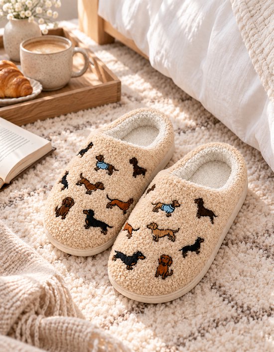 Crème pantoffels met opgedrukte teckels in verschillende kleuren en blauwe truien, naast een bed.