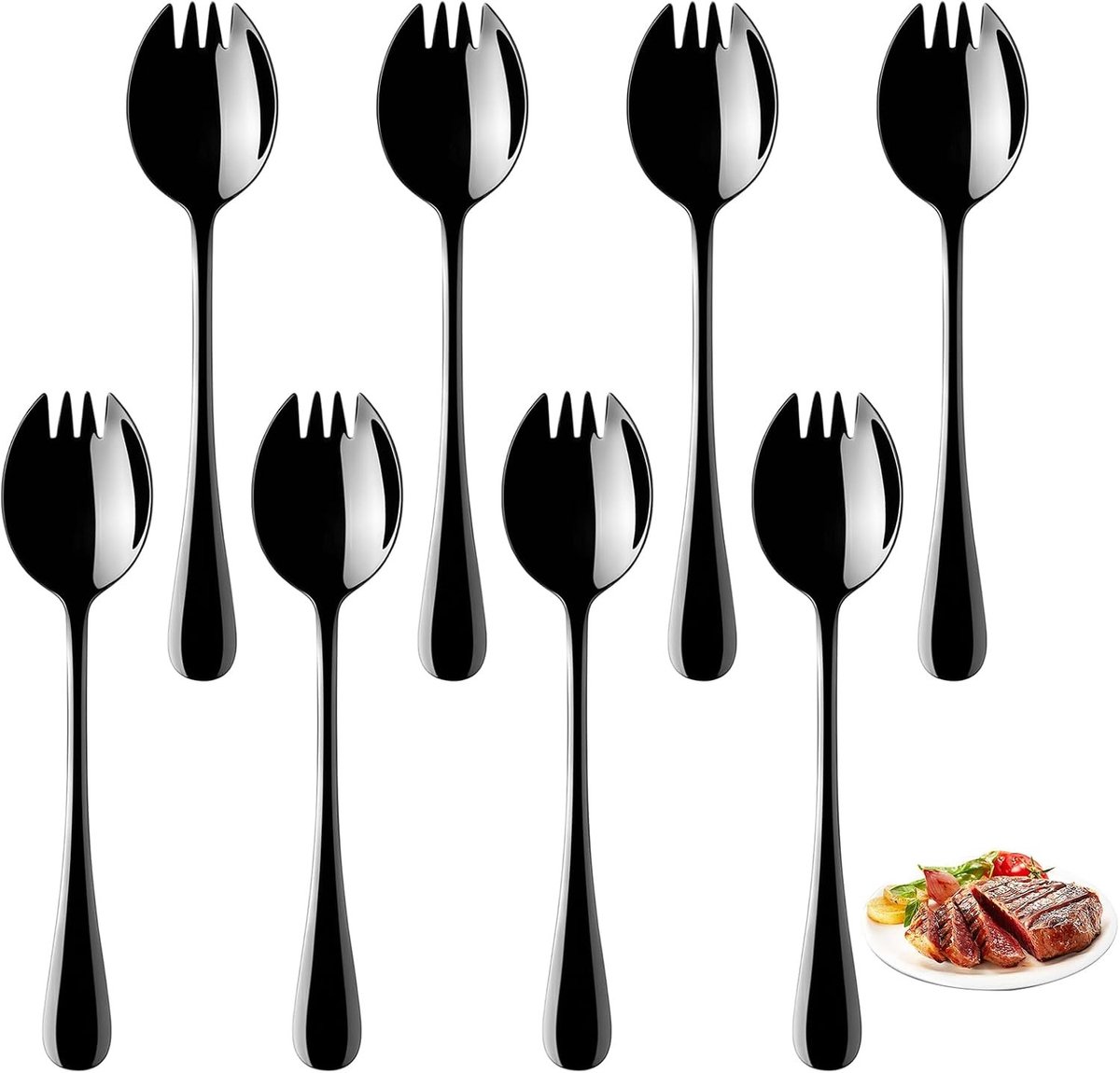 Set van 8 zwarte sporklepel van voedselveilig roestvrij staal, 16,8 cm, multifunctionele bestek voor salades, desserts en soepen, vaatwasserbestendig