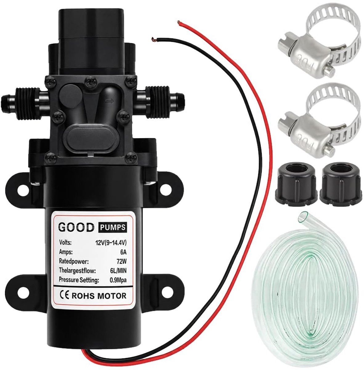 Hogedruk-waterpomp, 12 V DC, 6 l/min, G1/2 inch, 20 mm, zelfaanzuigende membraanpomp met 2 verstelbare slangklemmen - ShopVlot