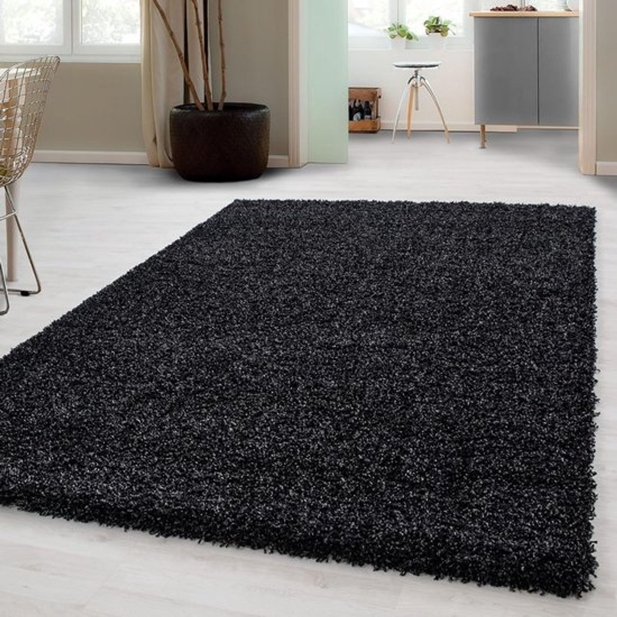 Hoogpolig vloerkleed - Antraciet - Voor woonkamer en slaapkamer - Modern shaggy tapijt - 60 x 110 cm