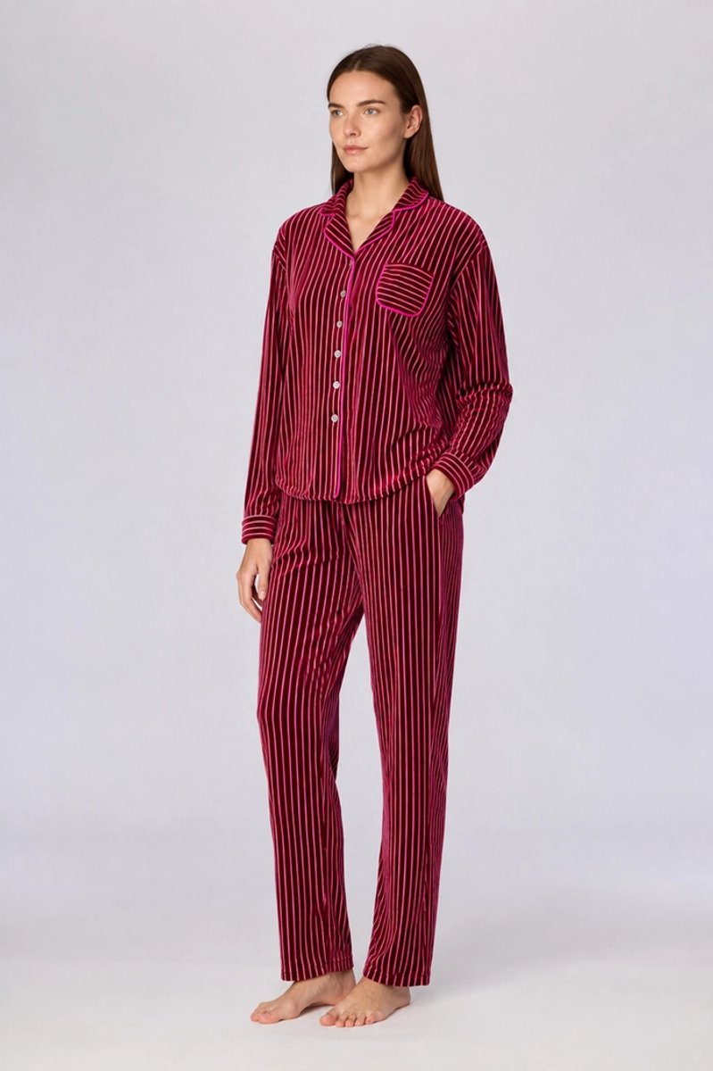 Woody pyjama dames doorknoop velours - bordeaux/roze gestreept - 262-15-TPC-V/979 Bordeauw/Roze