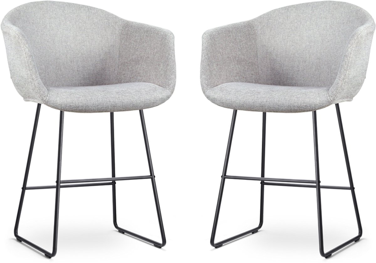 Nolon Nino-Otis Barkrukken Set van 2 Lichtgrijs - met Armleuning - Zwart Onderstel - 65 cm - Stof - Kookeiland - Barkrukken met Rugleuning Grijs - Zwart onderstel