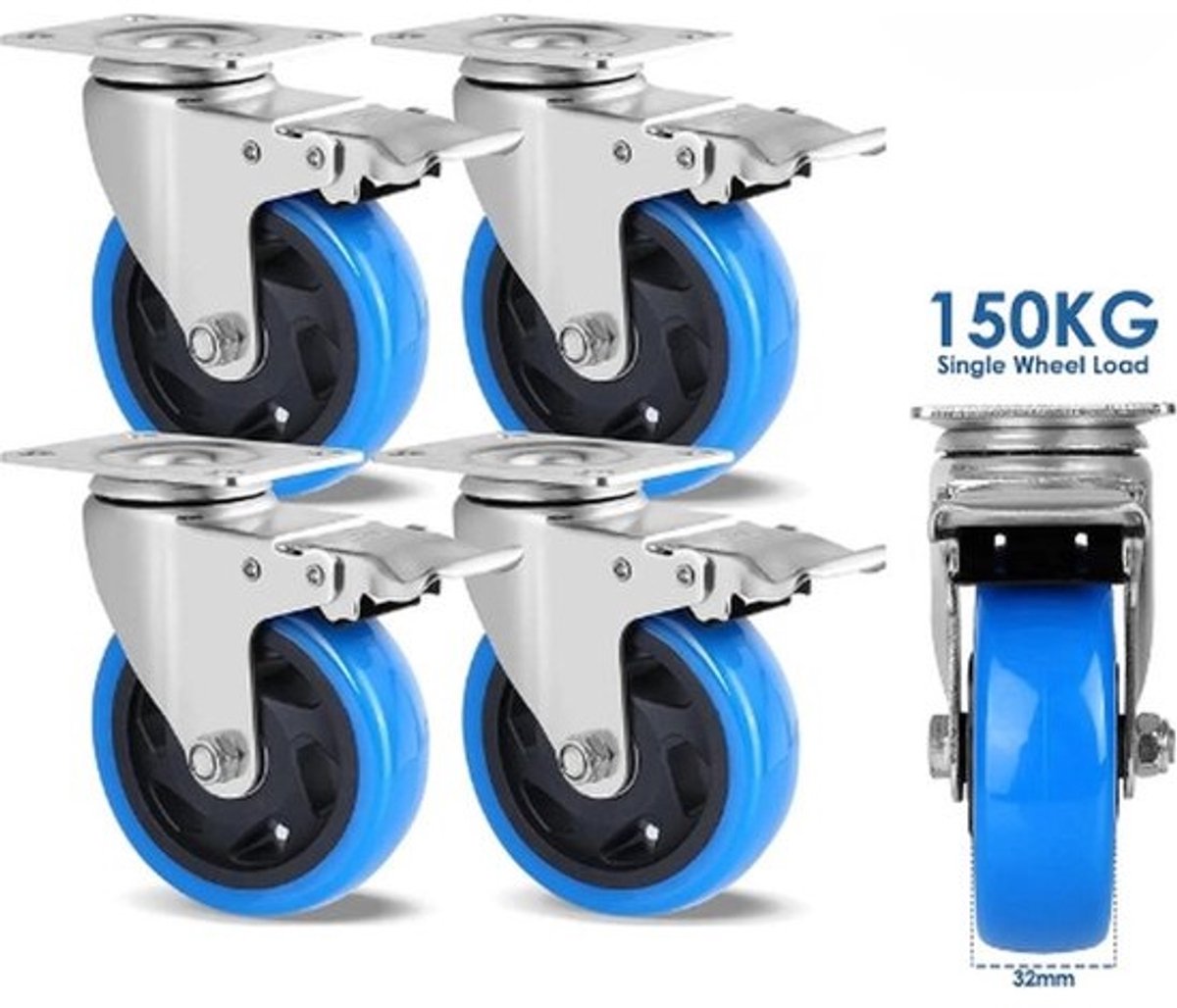 Industriële zwenkwielen - Set van 4 stuks - Draagvermogen van 600 kg - Wielen van 100 mm - Met rem - 360° draaibaar - Dubbele kogellagers - Geruisloos polyurethaan - Verzinkt staal