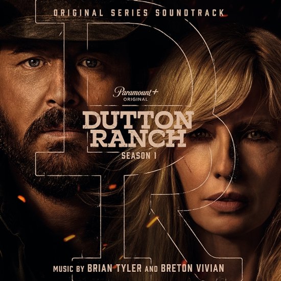 Soundtrackhoes voor Dutton Ranch Seizoen 1 met portretten van een man in cowboyhoed en een blonde vrouw.