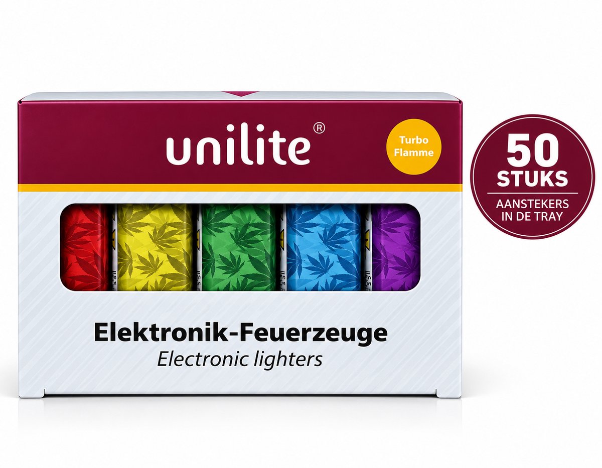 Unilite® Jet Flame Turbo Aanstekers - 50 stuks in tray - Magic Leafs print - Wind bestendig Aanstekers - Jet flame - Stormaanstekers