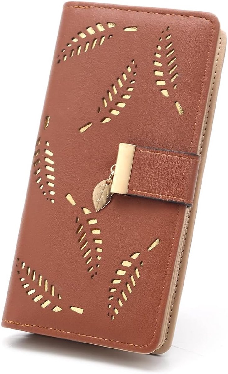 Women Wallet Hollow Leaf Pattern Bifold Leather Lady Long Wallet Wallet Zip Birthday Xmas Gifts for Women GirlsBrown) - ShopVlot