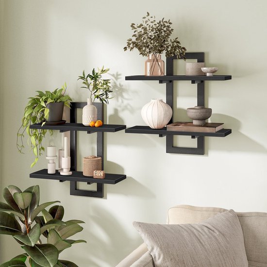 Zwevende wandplanken, 2-traps wandplank, zwevende plank, set van 2, hangende badkamerplanken, 38 cm wandplanken, voor woonkamer, slaapkamer, keuken, vintage bruin en zwart