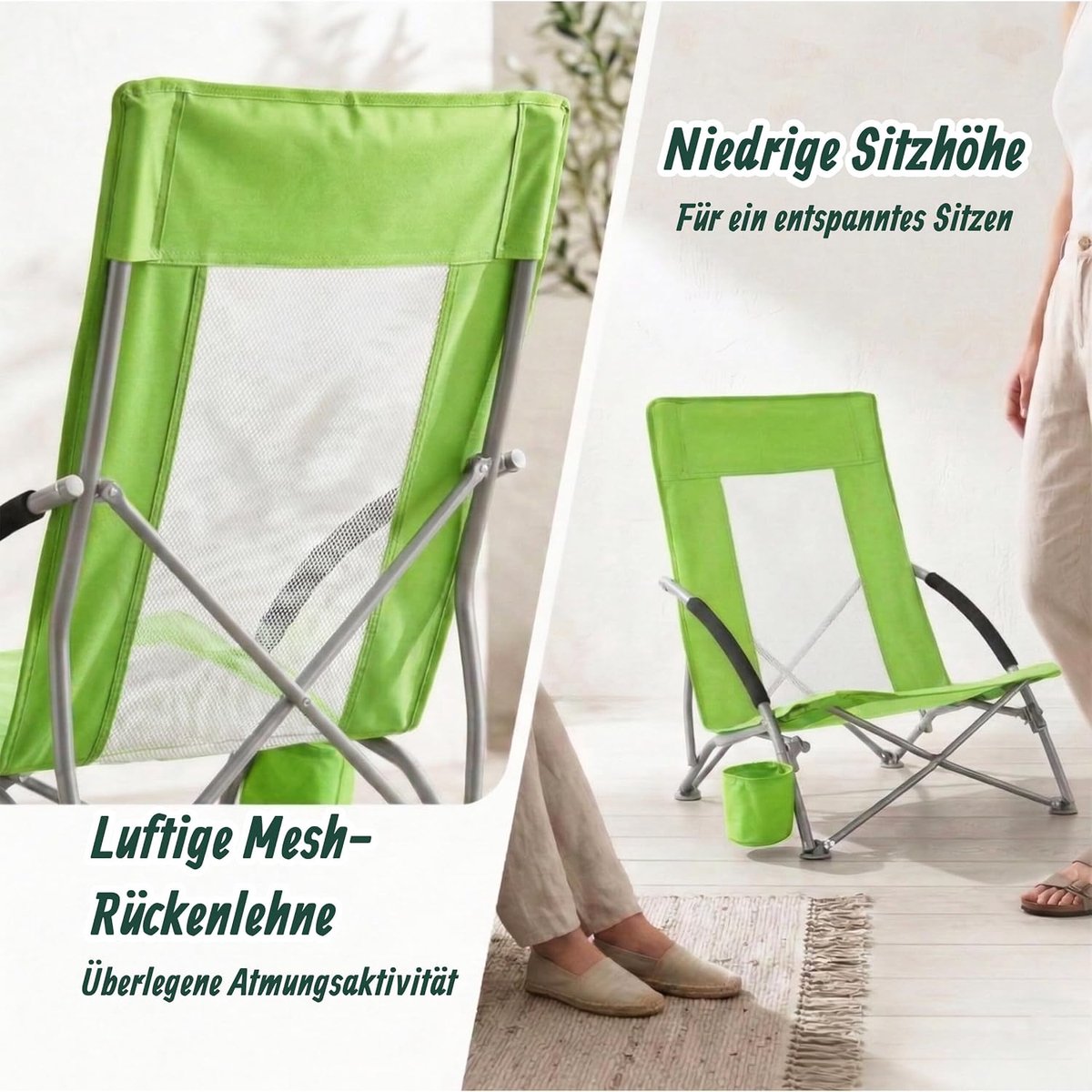 Strandstoel - opvouwbaar - met bekerhouder - groen — cadeau in Sport & Outdoor - foto 2