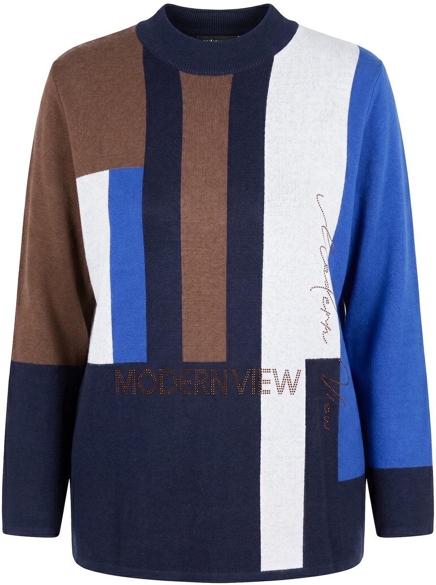 Ulla Popken - Dames - Trui colorblocking sierstenen opstaande kraag lange mouwen - Marine - Maat 42+