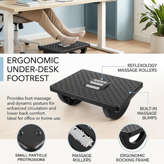 Ergonomische voetsteun voor bureau met massagefunctie, antislip ontwerp, verlichting van benen en rugpijn, ideaal voor kantoor en thuisgebruik (zwart) — afbeelding 5