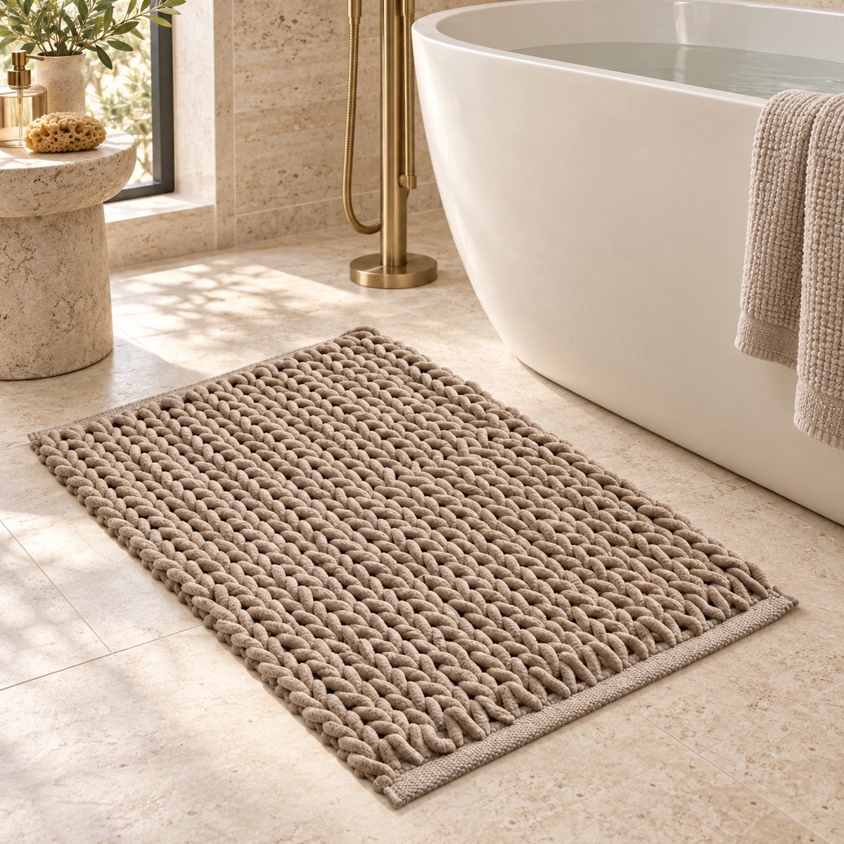 Luxe Badmat Serena Weave – Chenille Katoen – Beige – 50 x 80 cm – Zacht & Absorberend