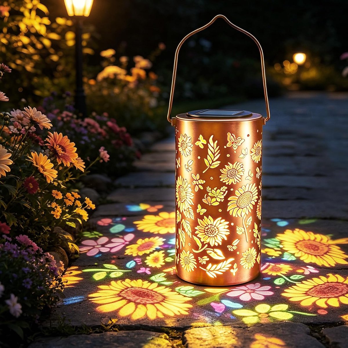 VEEKAY Colorful Sunflower Glow Tuinlantaarn op zonne-energie, zonnebloemen, lantaarn op zonne-energie voor buiten - ShopVlot