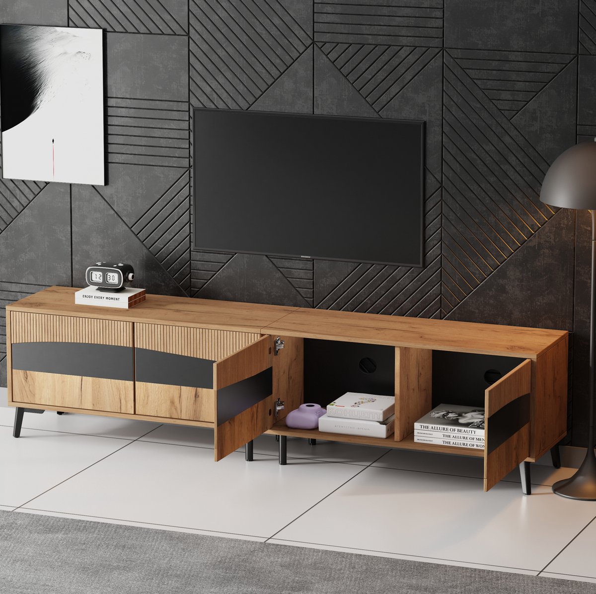 WUVRIE TV-meubel 180x40x50 cm - 4 deuren en 4 opbergvakken - Naturel/zwart Natuurlijk hout
