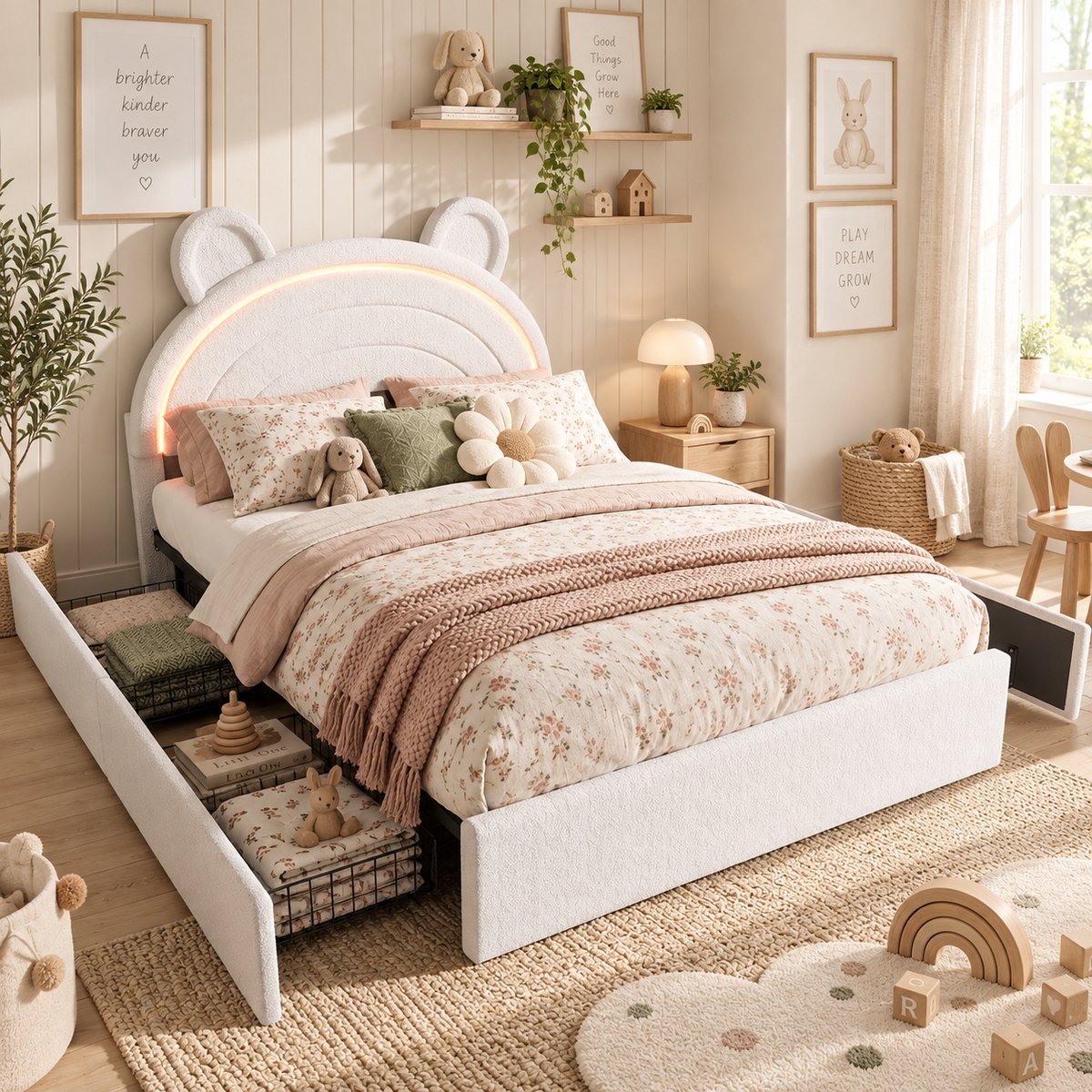 Welltin Kinderbed 140x200 cm - Tweepersoonsbed - Gestoffeerd bed - Opbergbed - Multifunctioneel bed - Met hoofdbord - Met 4 lades - Met led-lichtstrip - Met opbergvak - Flueel - Stevige constructie - Beige roze