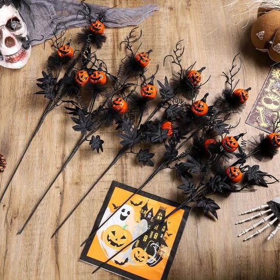 5 stuks decoratie Halloween- bloemen decoratie - kunstmatige pompoen esdoornblad stengel - Halloween takken decoratie - Halloween decoraties - zwarte horror pompoen stekkers boeket - Geest Dag Huis Feest accessoires