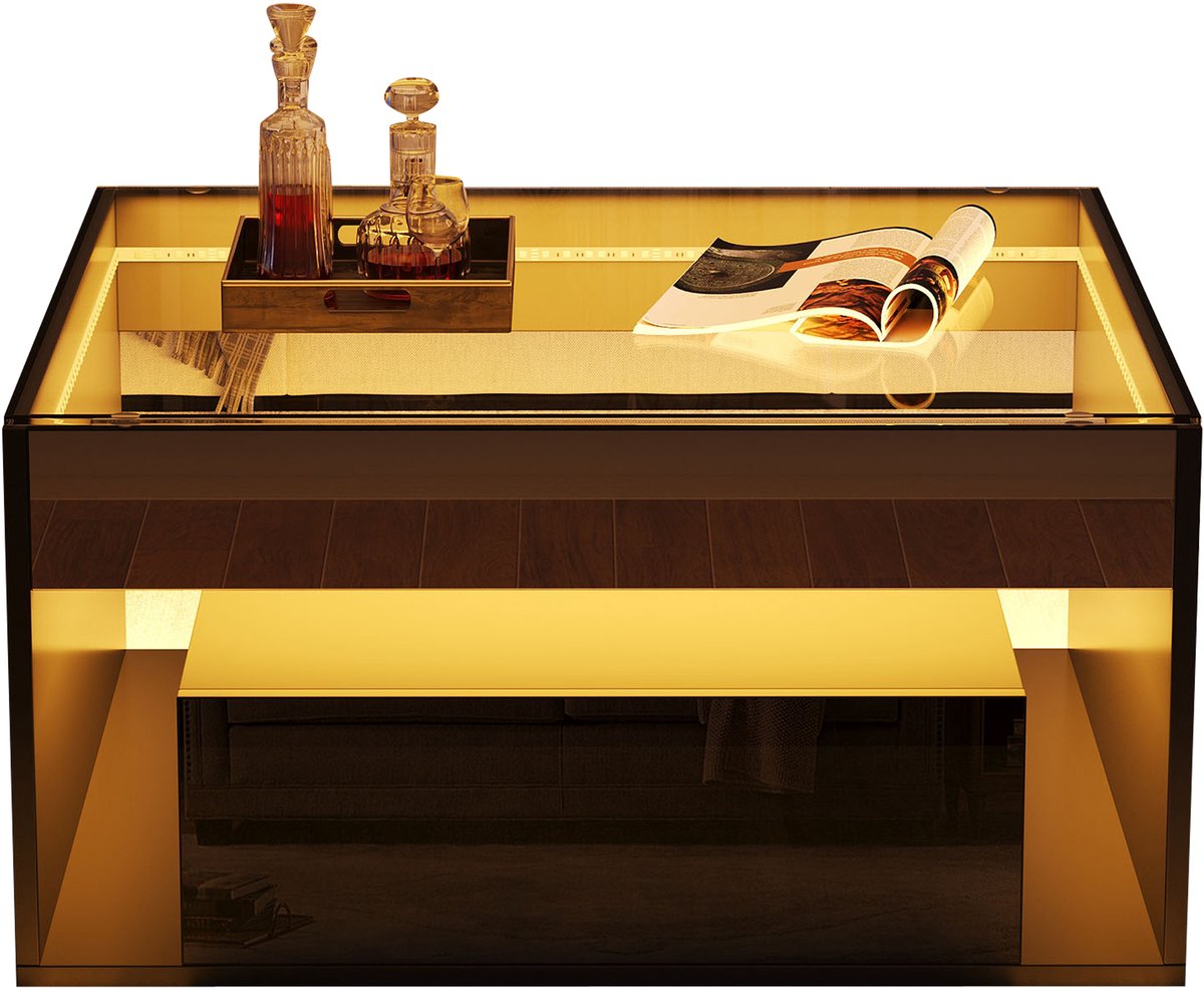 MUVANO Zwarte salontafel met led - Salontafel hoogglans zwart - Vierkante salontafel 70x70 - Met 2 lades - 70x70x35cm - App bediening - Woonkamer Zwart