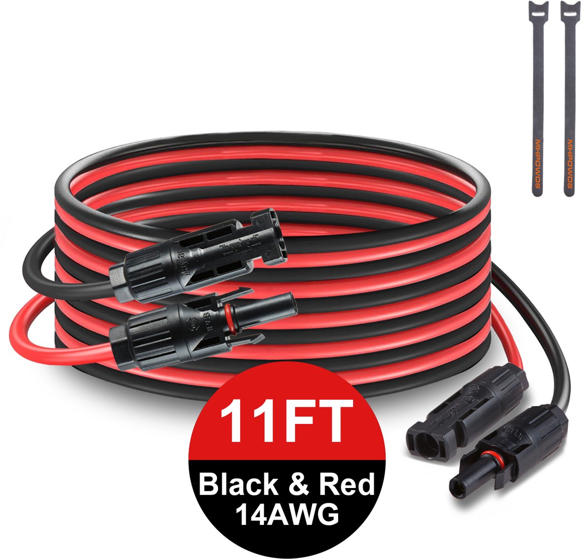 MC4 Zonnepaneel Verlengkabel 11FT (3,35m) 14AWG, Rood-Zwart PV Kabel met MC4 Mannelijke en Vrouwelijke Connectoren voor Zonne-Energie Systeem, Camper en Tuin