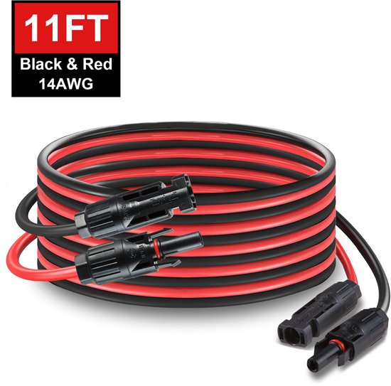 Opgerolde 11ft rood-zwarte 14AWG zonne-verlengkabel met MC4-connectoren tegen een witte achtergrond.
