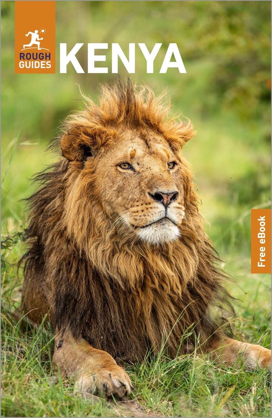 Couverture de livre avec un lion, texte 'Rough Guides KENYA' et 'Free eBook'.