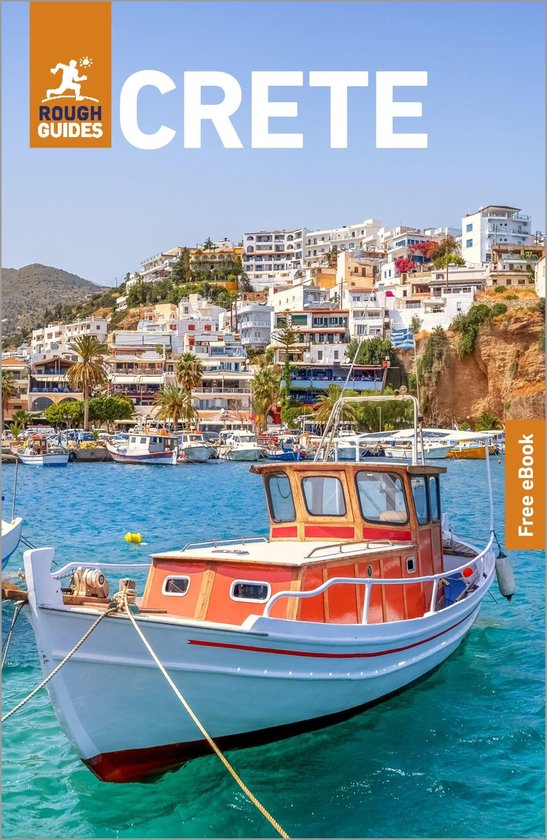 De kaft van de Rough Guide Crete reisgids toont een oranje-witte boot in een blauwe haven met een stad op de heuvels op de achtergrond.