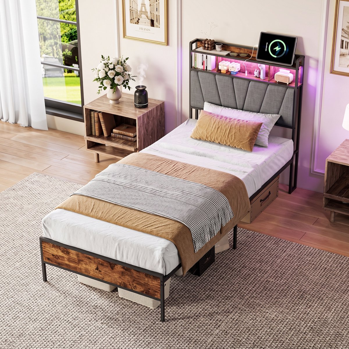 Eenpersoonsbed 90x200 cm met metalen lattenbodem, 1-persoonsbed met ledverlichting en USB-poorten, Gestoffeerd hoofdbord met opbergruimte, Bedframe 90x200, vintage bruin & Grijs