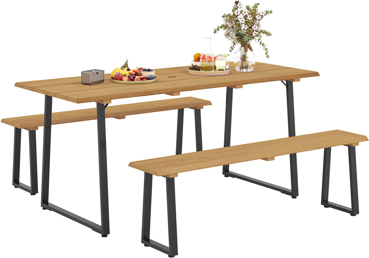 Tuinset - 3-Delige Picknicktafel Met 2 Banken En Schermgat - Voor 6 Personen In Tuin En Terras - Hout Metaal - 178x76x77 Cm - Natuurlijk