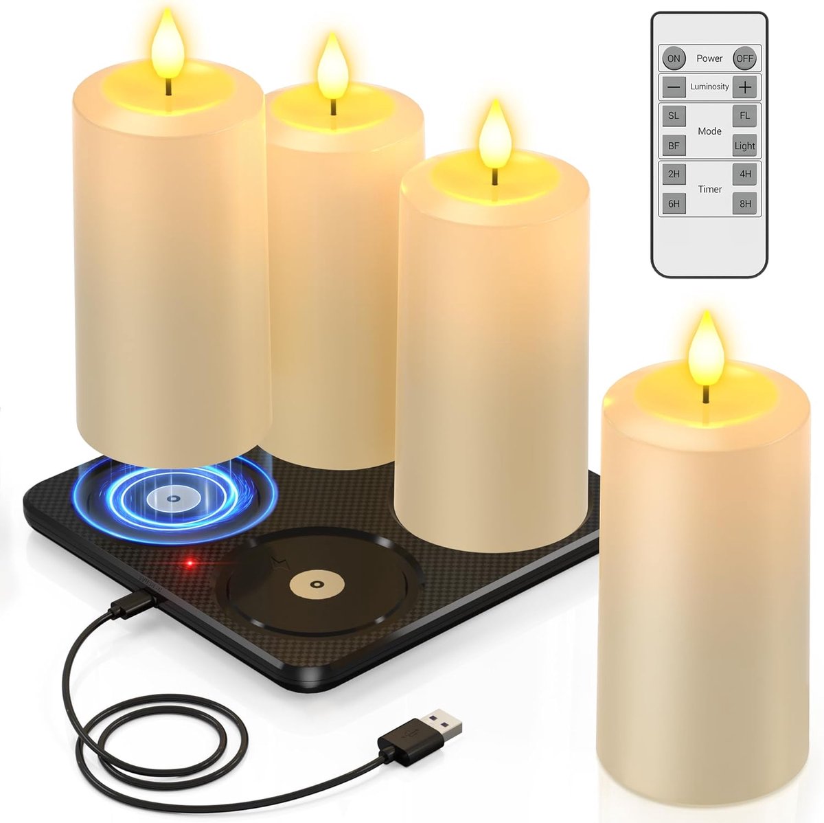 SnelShoppen - Set van 4 Oplaadbare LED Kaarsen met Oplaadstation, Waterdichte Flickering Pillar Kaarsen met Afstandsbediening en Timer, Perfect voor T