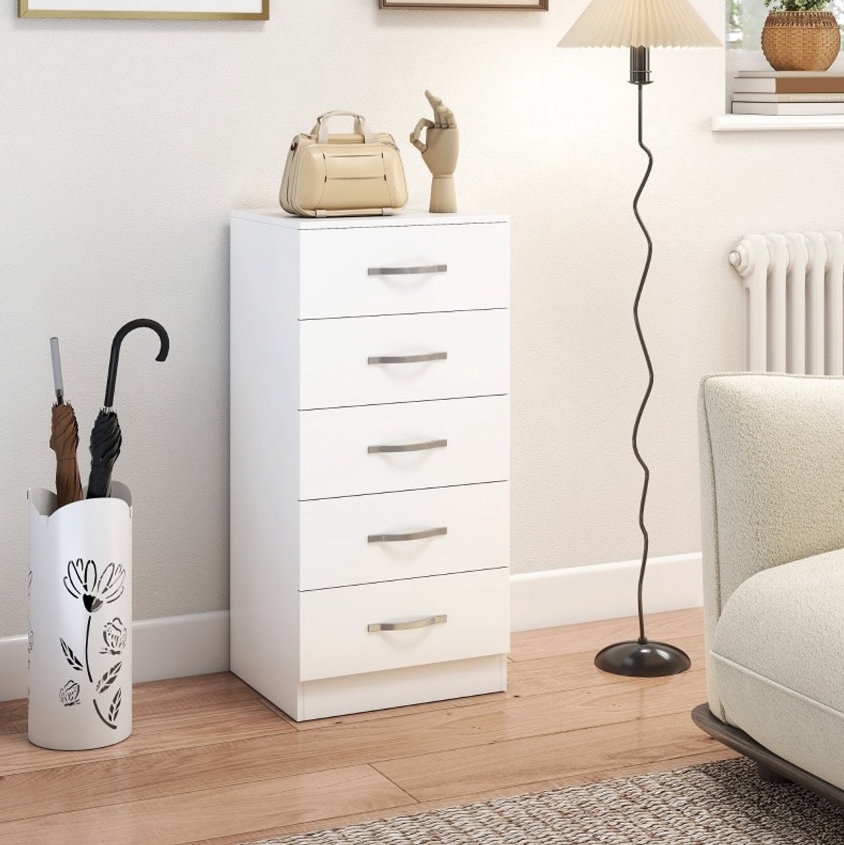 WUVRIE Ladekast 40 x 35 x 85 cm - 5 lades en kantelbeveiliging - Wit