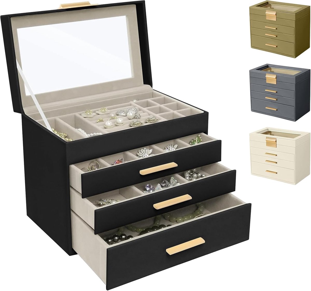 Sieradenbox groot 4-laags - zwart PU - modern design - ruimtebesparend - ShopVlot