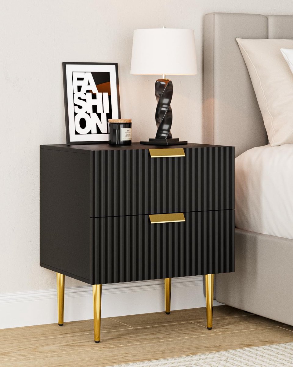 SnelShoppen - Zwart Houten Nachtkastje met 2 Lades en Gouden Poten 50 x 40 x 60 cm voor Slaapkamer en Woonkamer, Modern en Tijdloos Design