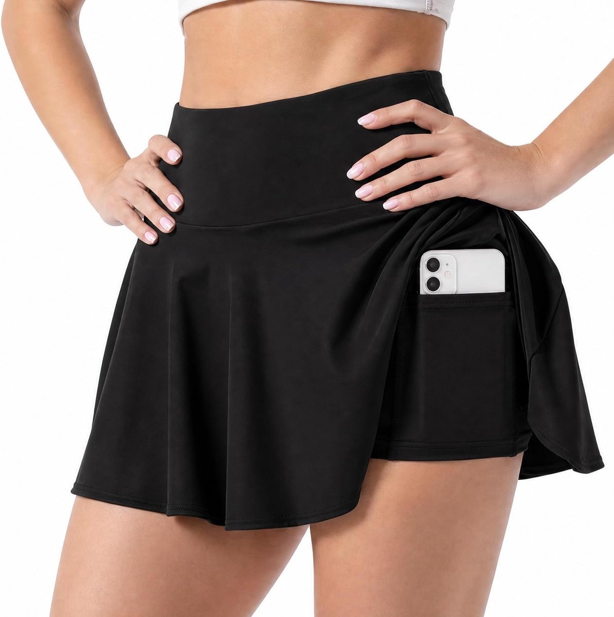 Tennisrokje voor dames met hoge taille en binnenbroekje, sportrokje met zakken, ademend en rekbaar, XL, Zwart