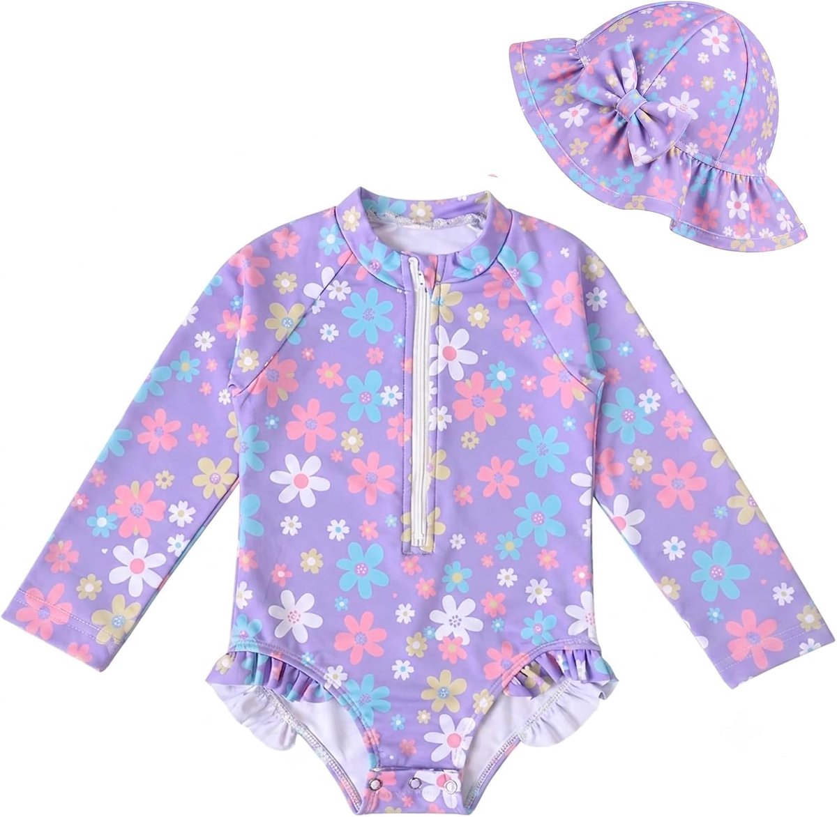 Badpak voor kleine meisjes: badpak met zonnehoed en lange mouwen, UPF 50+, met ritssluiting, voor meisjes van 3 tot 36 maanden, ideaal voor strand en zwembad