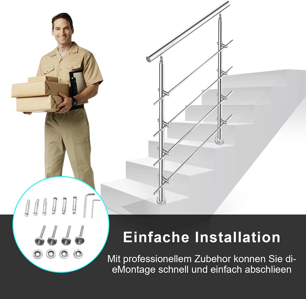 Stalen trapleuning, reling voor trappen, balustrade, balkon, 150 cm, met 5 dwarsbalken Ø 42 mm, voor binnen en buiten