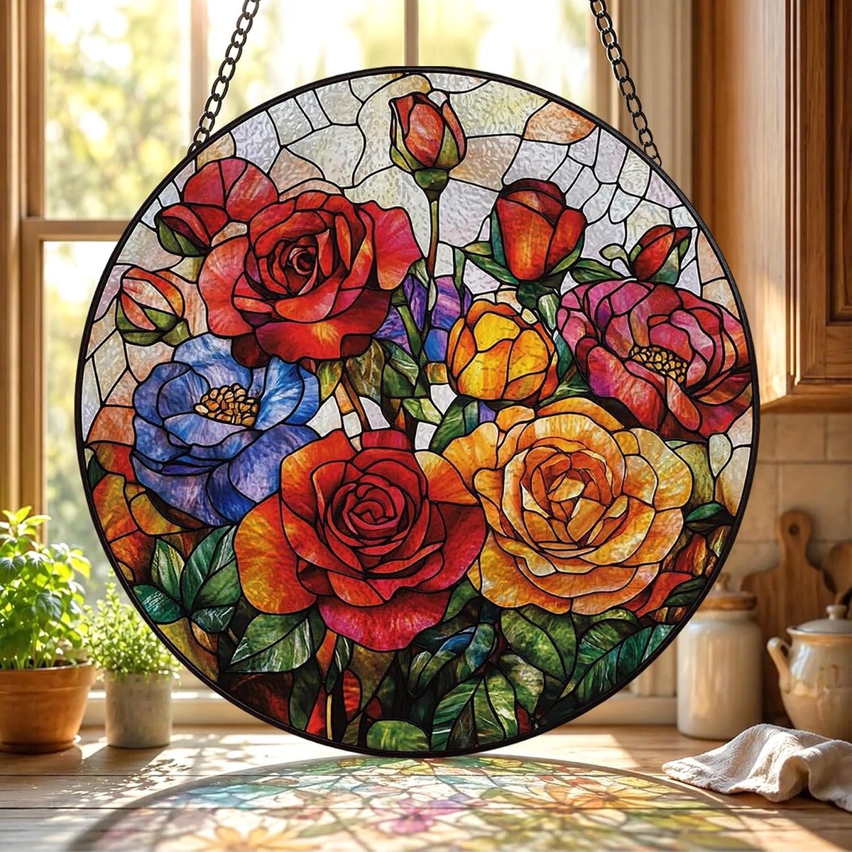 Roos Gekleurd Glas Hangend - Bloem Hangende Raamdecoratie - voor Tuin, Raam en Deur, Verjaardag voor Vrouwen, Handgemaakte Suncatcher Decoratie 20x20 cm