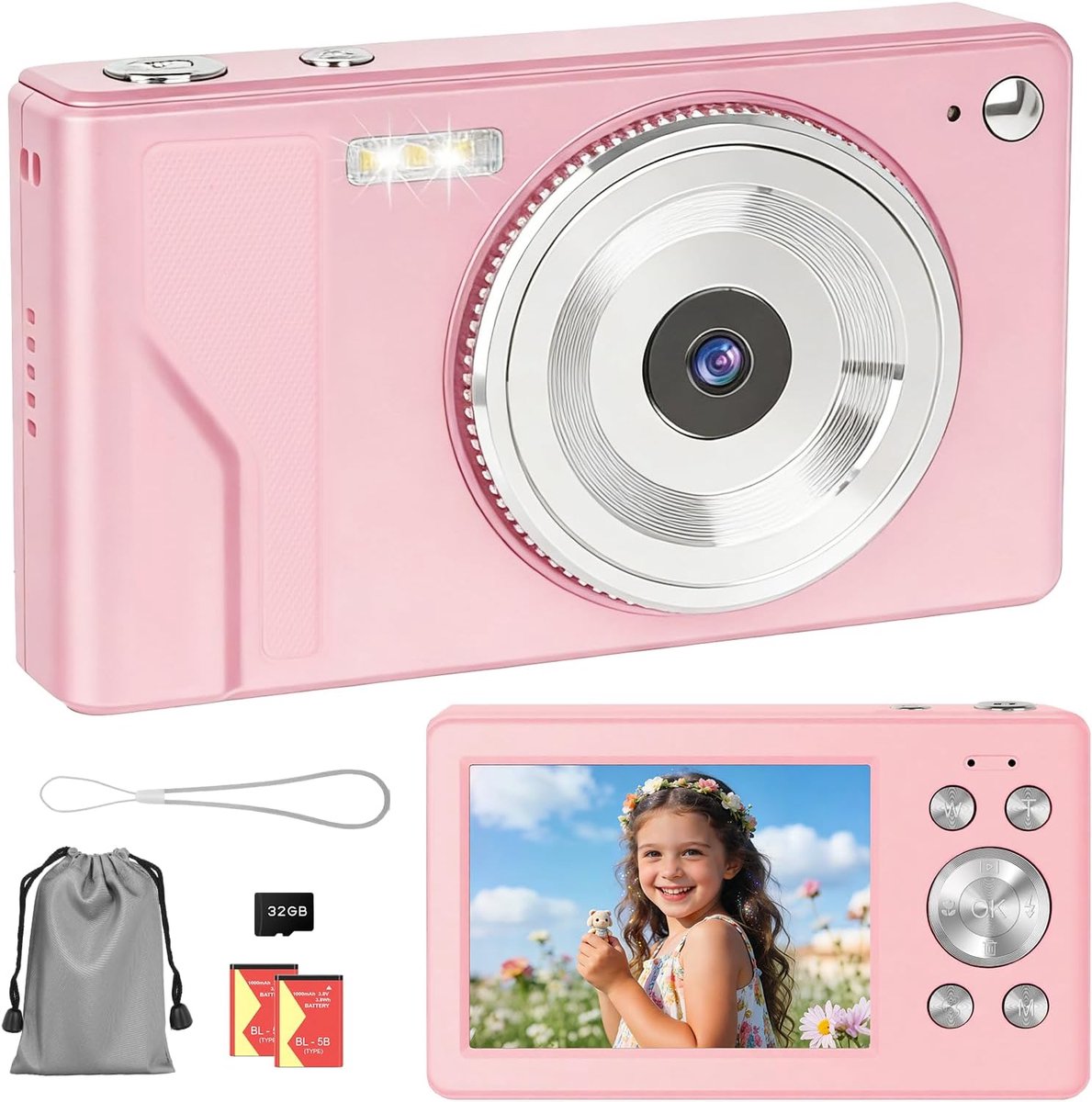 Camera 56 MP 1080P FHD met autofocus, 16x digitale zoom, draagbare compacte camera met 2,8 inch LCD-scherm, SD-kaart 32 GB, 2 batterijen, perfect voor jongeren, beginners (roze-1)